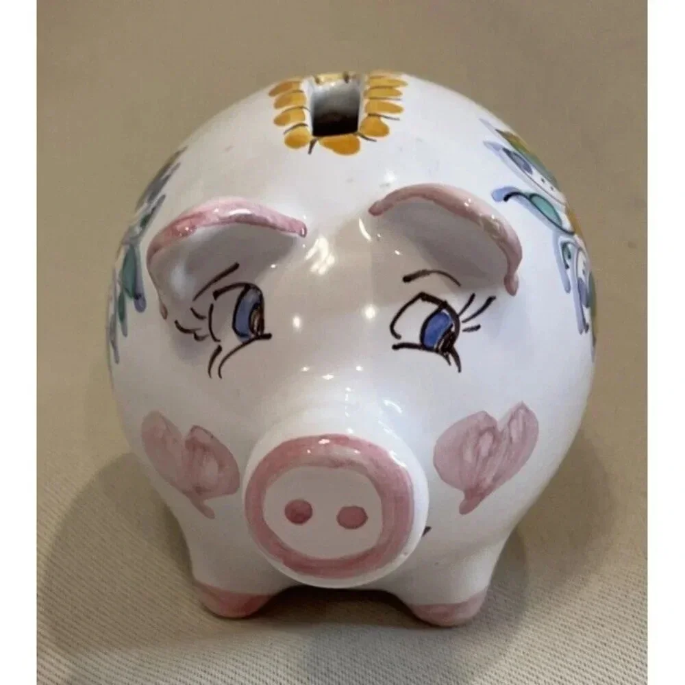 Ceramic Slovenska‎ Folk Art Piggy Pig Bank Figure Colorful Floral Hearts
